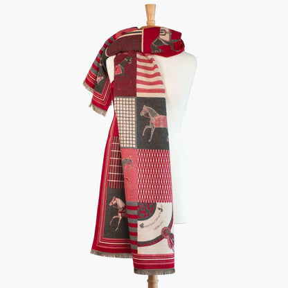Devon -  Crimson Equestrian Motif Luxe Shawl Urban-Equestrian