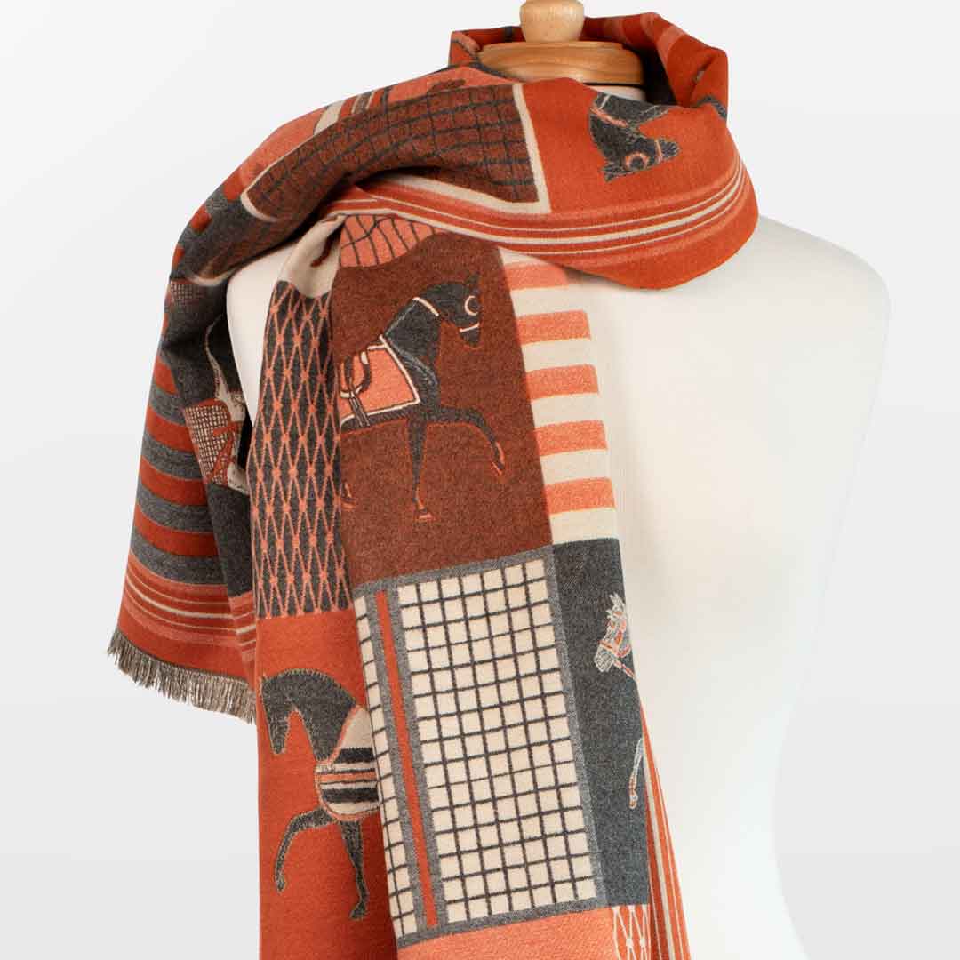 Devon -  Tangerine Equestrian Motif Luxe Shawl Urban-Equestrian