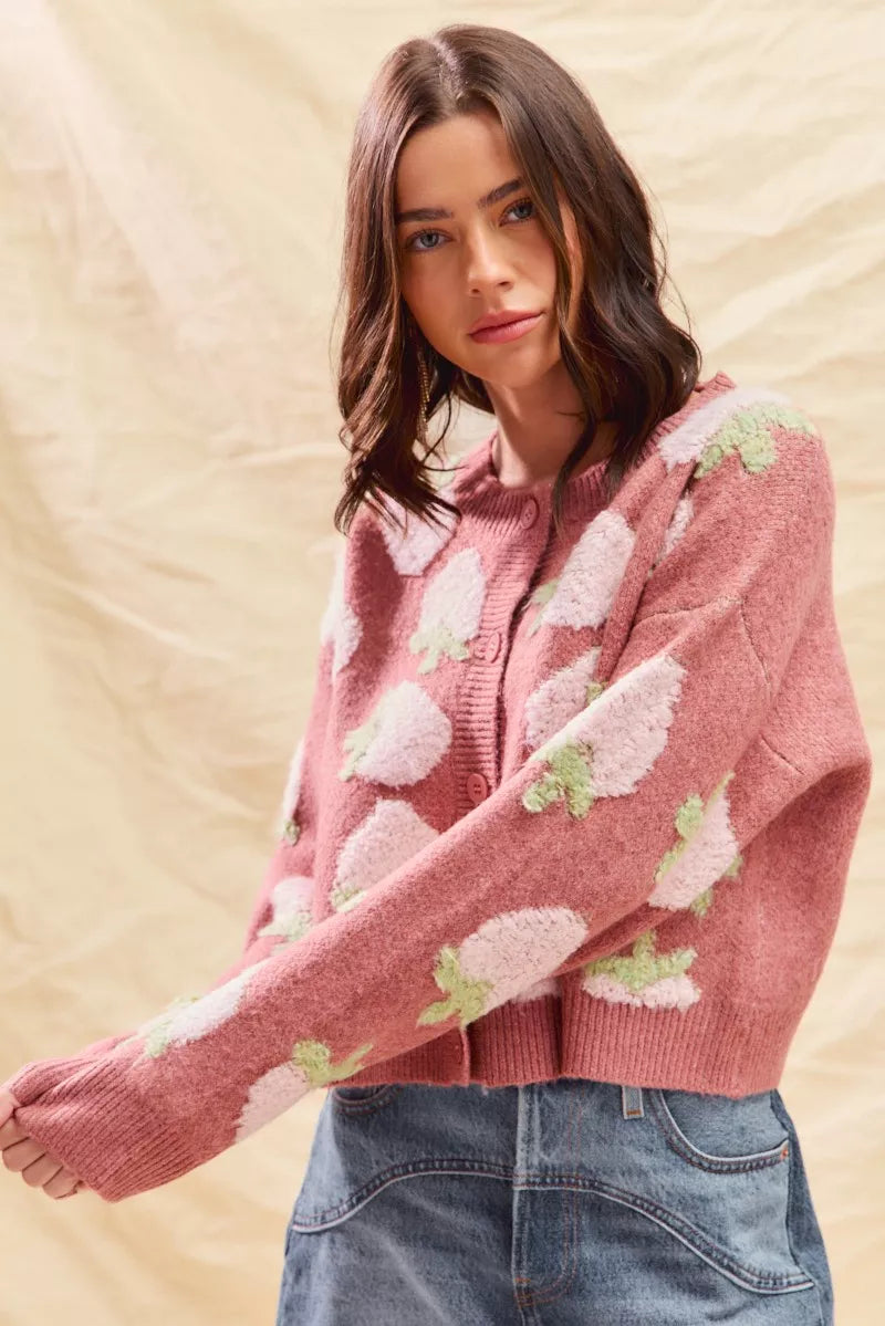 SO ME Strawberry Fruit All Over Button Sweater Cardigan FitiqueFit