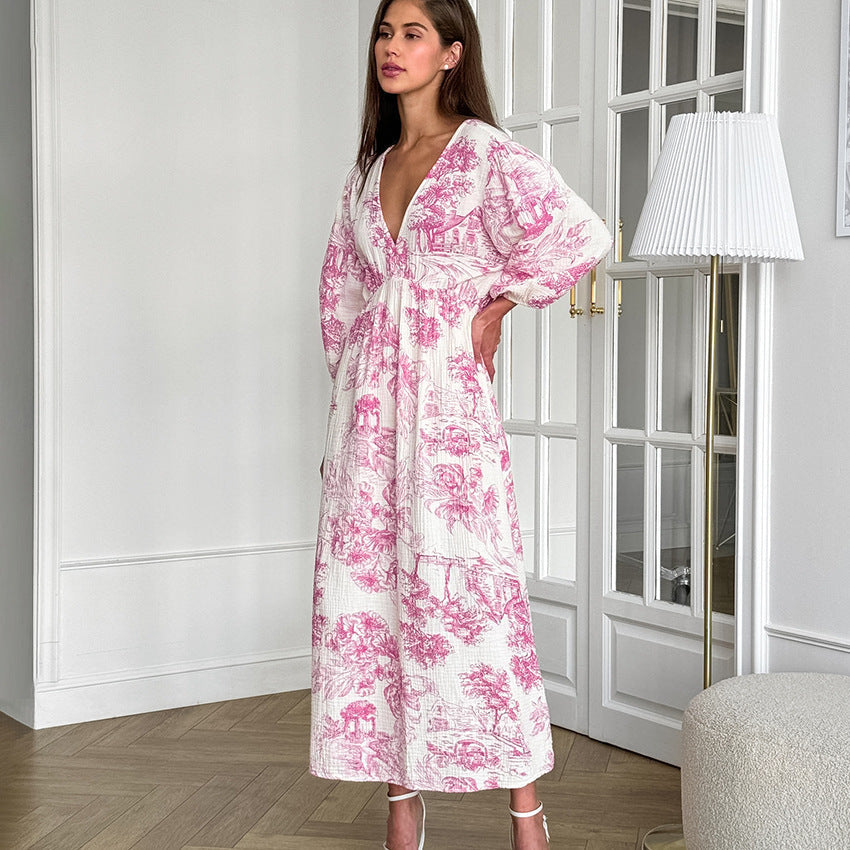 Elegant V-neck Lantern Sleeve All-matching Printed Dress Grayceful LLC