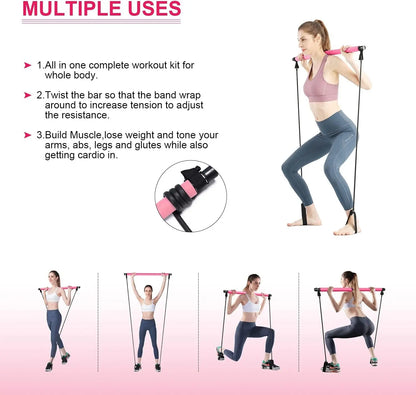 Pilates Bar Kit with Resistance Band - Portable Yoga Pilates Stick Exercise Stick with Foot Loop Fitness Stretching Equipment Home Gym Bodybuilding for Fully Body Workout (Pink)