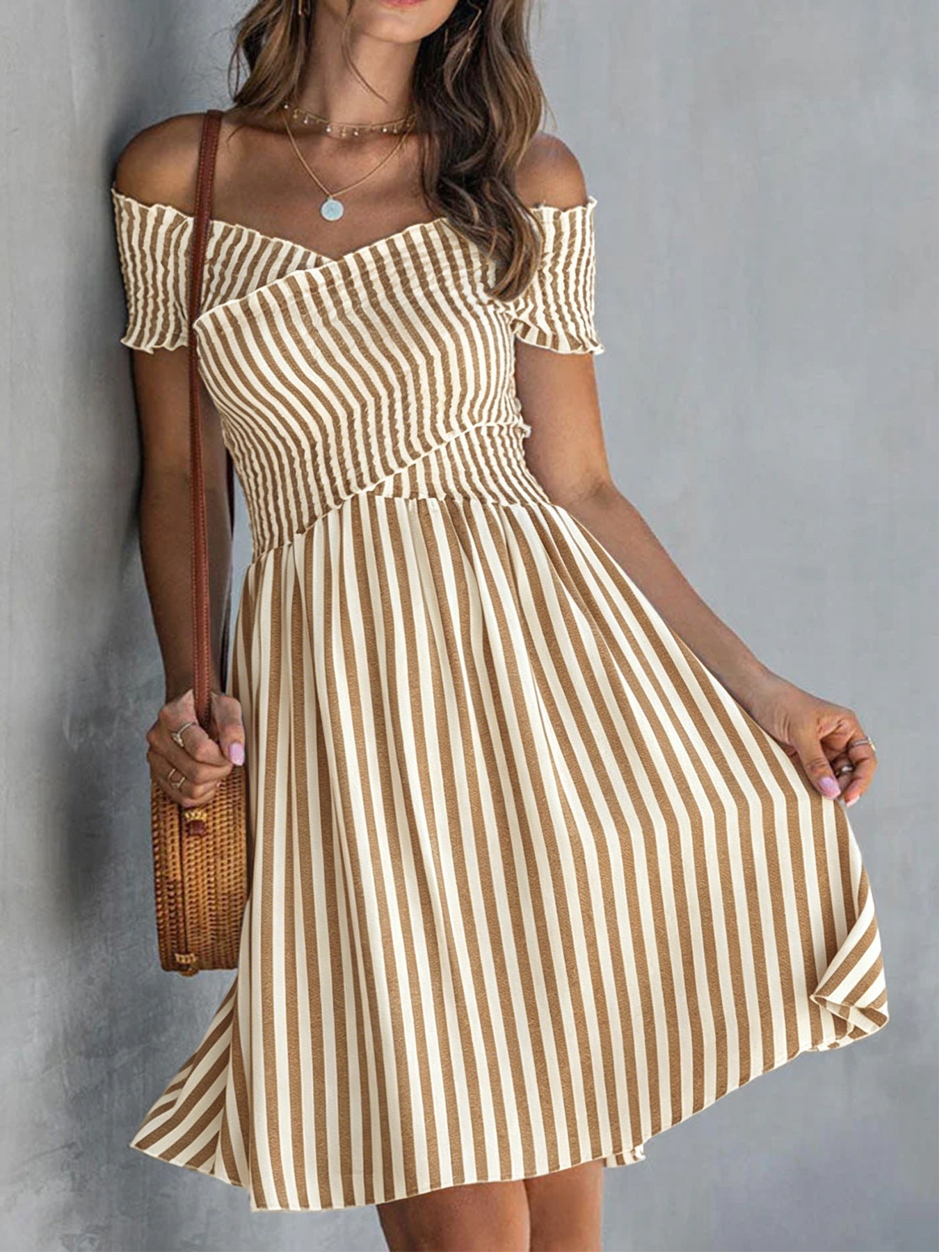 Women's Off-Shoulder Striped Waist-Cinching Midi Dress FitiqueFit