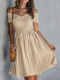 Women's Off-Shoulder Striped Waist-Cinching Midi Dress FitiqueFit