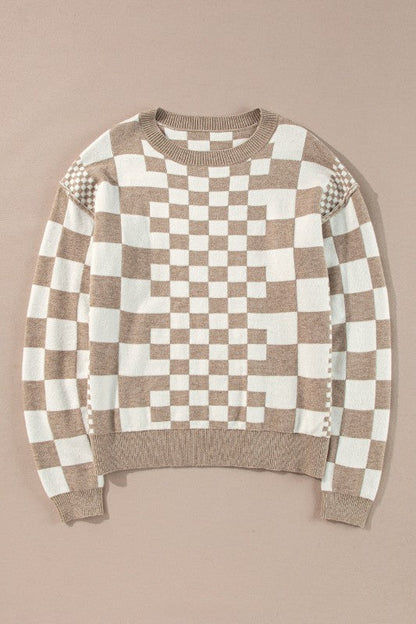 Checker Round Neck Drop Shoulder Sweater Shop Style & More | Fresh Looks, Everyday Deals & Free Shipping