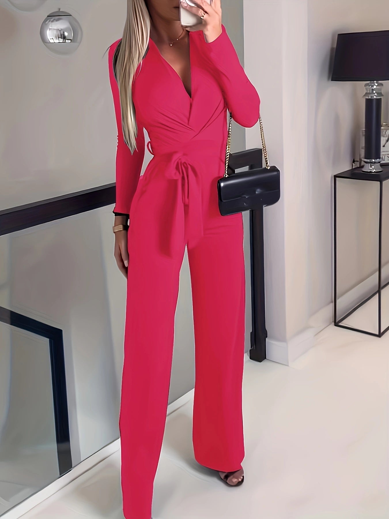 Women's Solid V-neck Bow Tie Waist Slimming Fashion Jumpsuit FitiqueFit
