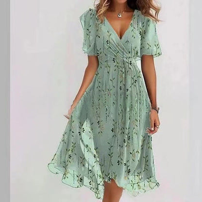 Floral Print A-Line Dress – V-Neck Short Sleeve Midi Dress FitiqueFit