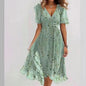 Floral Print A-Line Dress – V-Neck Short Sleeve Midi Dress FitiqueFit