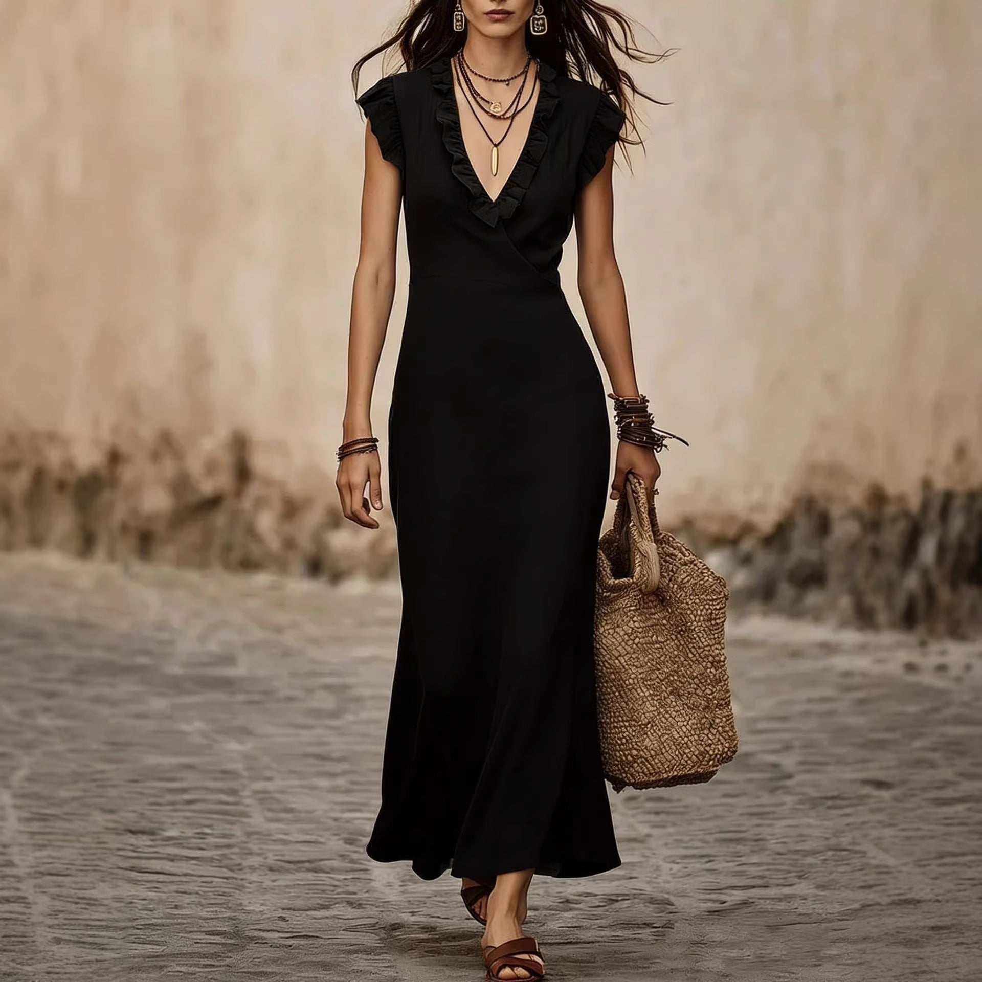 Women's V-Neck Cotton-Linen Flutter-Sleeve Ruffle-Trim Midi Dress FitiqueFit