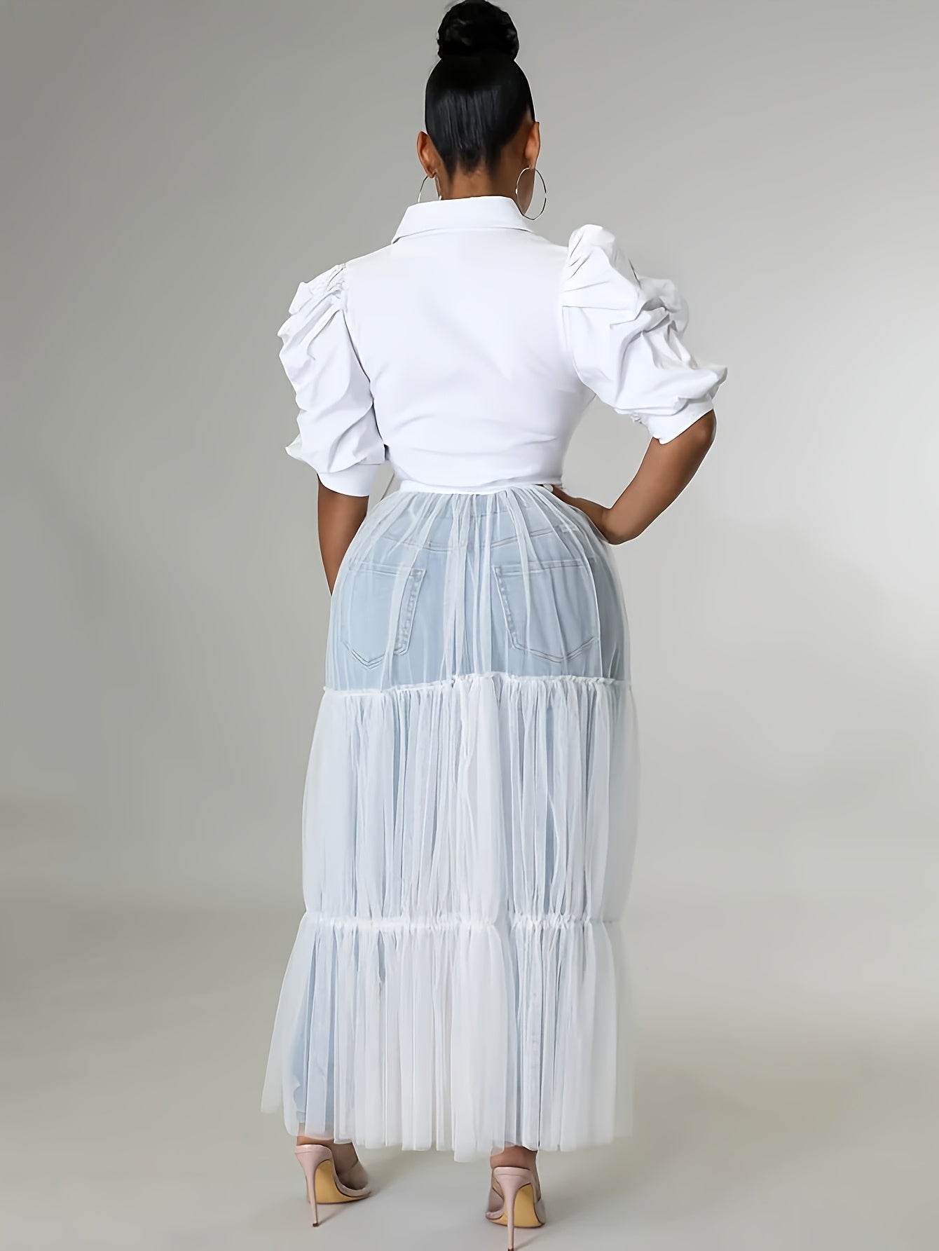 S390387 Sexy Lapel Short Sleeve Tie-Up Shirt Mesh Patchwork Dress NovaCart