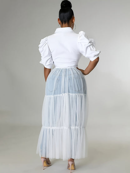 S390387 Sexy Lapel Short Sleeve Tie-Up Shirt Mesh Patchwork Dress NovaCart