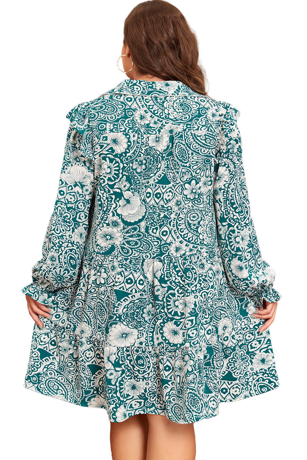 Green Floral Flounce Sleeve Split Neck Plus Size Dress Garden Naked Curves