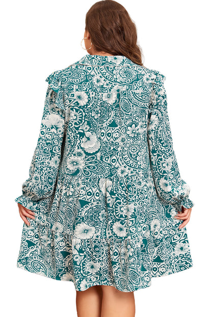 Green Floral Flounce Sleeve Split Neck Plus Size Dress Garden Naked Curves
