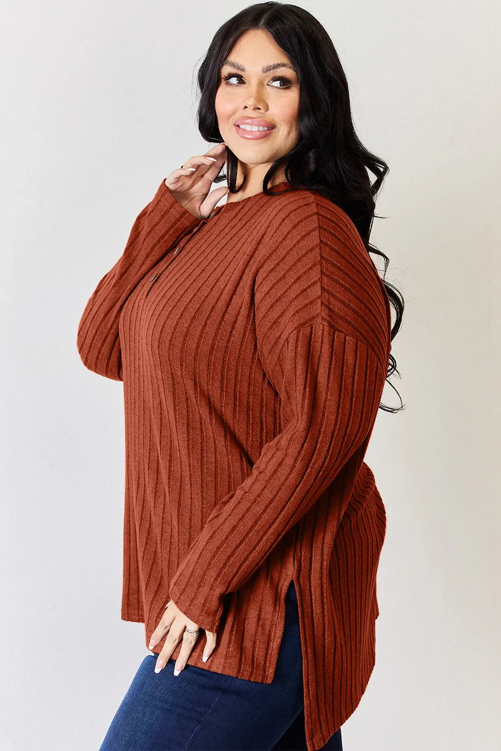 Basic Bae Full Size Ribbed Half Button Long Sleeve High-Low T-Shirt New Era Fashion LLc