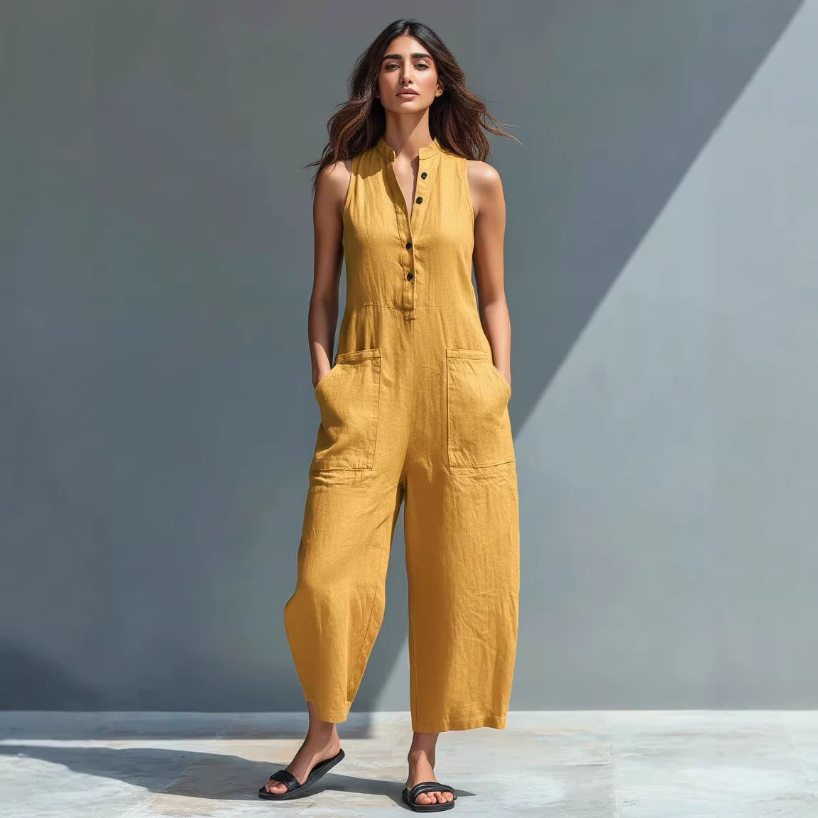 Casual Women’s Buttoned Stand Collar Sleeveless Loose Jumpsuit FitiqueFit