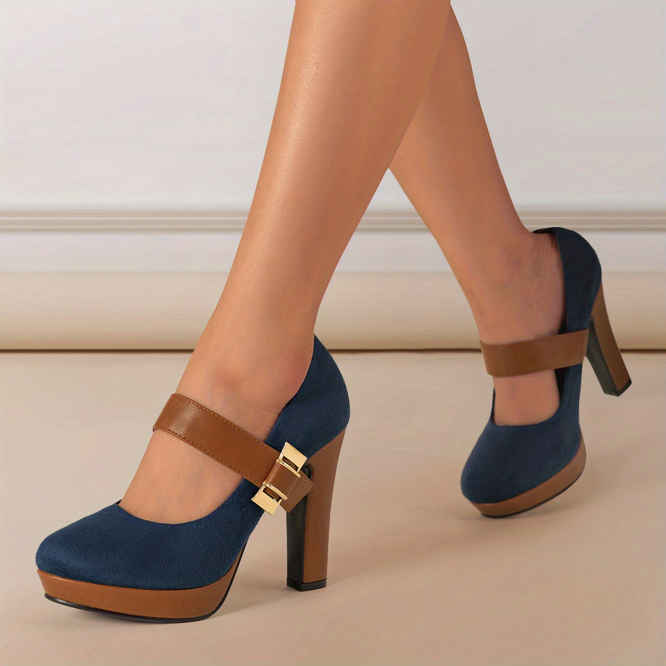 [Retro Heeled Pumps] Women's Retro Style Round Toe High Heeled Pumps, Buckle Platform Block Heel Shoes, Women's Footwear NovaCart