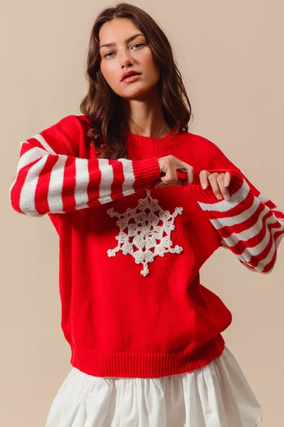 SO ME Christmas Snowflake Crochet Embellished Sweater West2East Surf