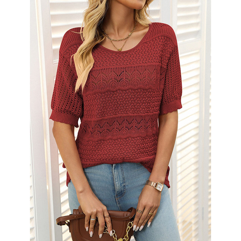 Women’s Short Sleeve Crochet Knit Hollow-Out Top FitiqueFit