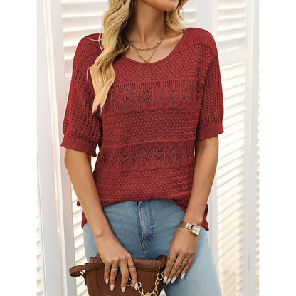 Women’s Short Sleeve Crochet Knit Hollow-Out Top FitiqueFit