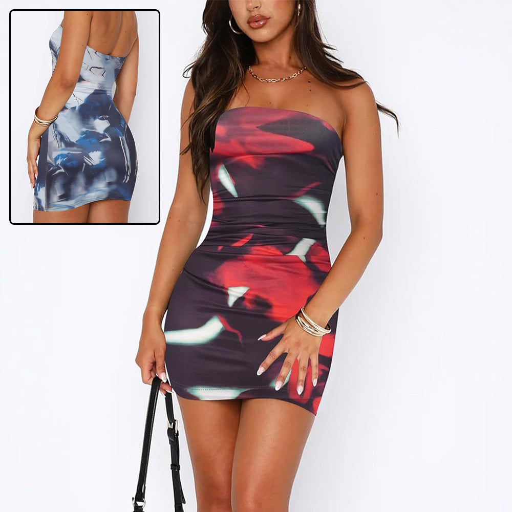 Women's Tube Top Printed Pleated Pullover Hip Wrap Short Dress FitiqueFit