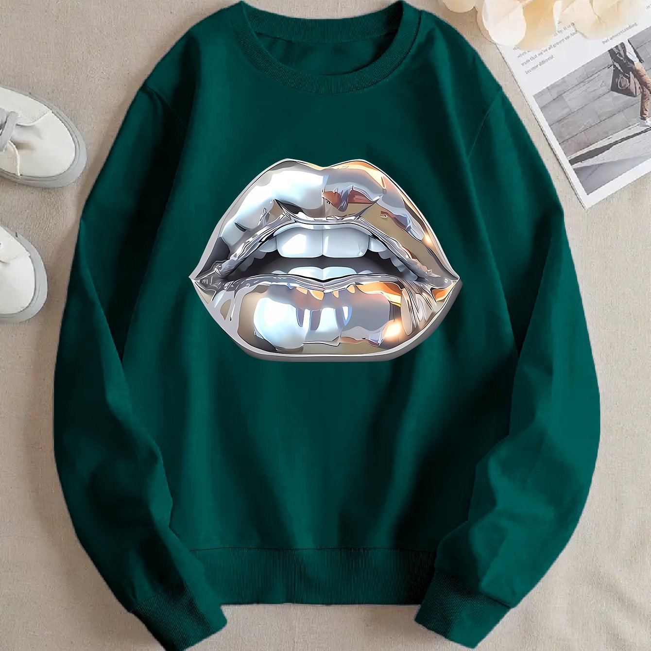 Womens Cartoon Silver Lip-Printed Sweatshirt See size chart under “more details” The Fashion Celestial