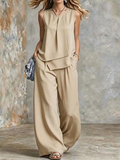 Women's Sleeveless Two-Piece Set – Solid Color Wide-Leg Pants & Top FitiqueFit