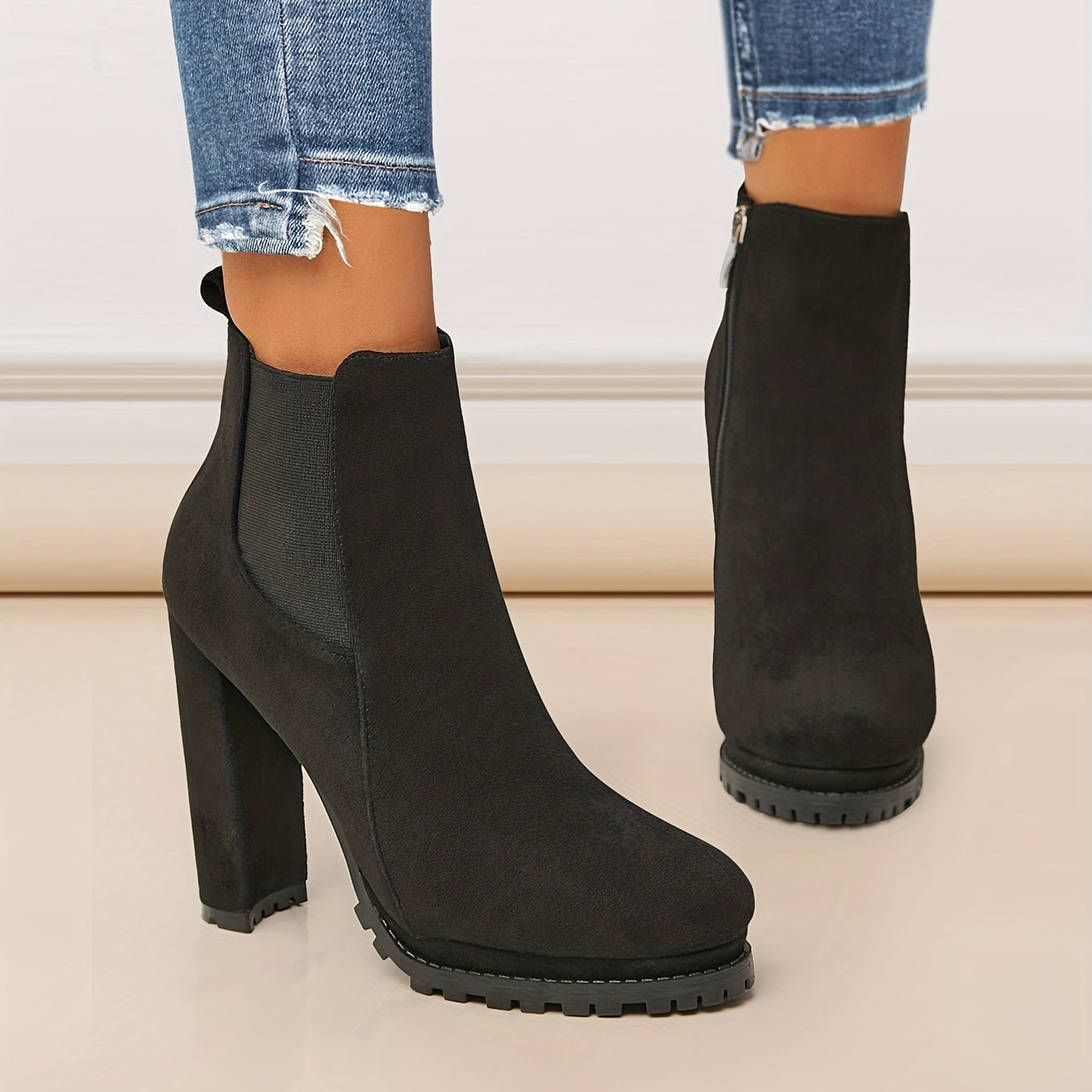 Women's Pointed Toe Short Boots, Tound Toe Side Zipper Chunky Heeled Platform Ankle Boots, Women's Footwear NovaCart