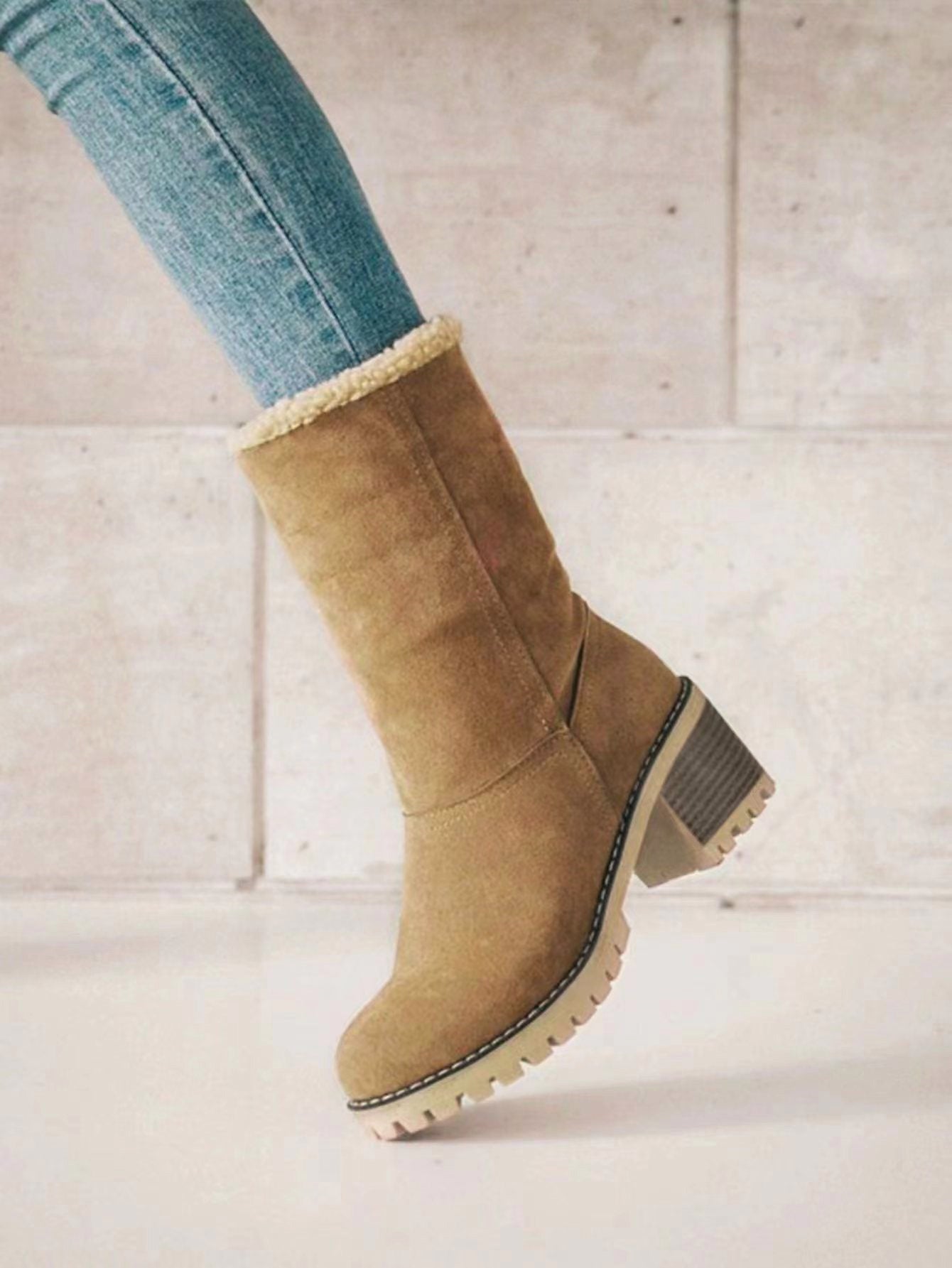 Women's Warm Faux Fur Lined Boots, Slip On Block Heeled Ankle Boots, Women's Footwear NovaCart