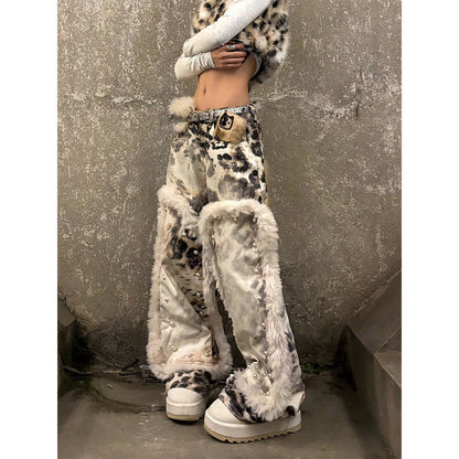 Womens American-Style Retro Leopard-Print Plush-Patchwork Denim Jeans See size chart under “more details” The Fashion Celestial