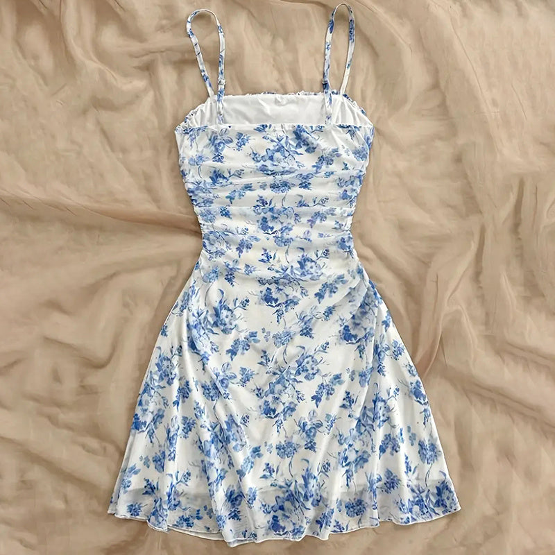 Boho Floral Spaghetti Strap Mini Dress – Ruched Ruffle Hem Vacation Sundress FitiqueFit