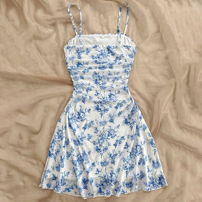 Boho Floral Spaghetti Strap Mini Dress – Ruched Ruffle Hem Vacation Sundress FitiqueFit