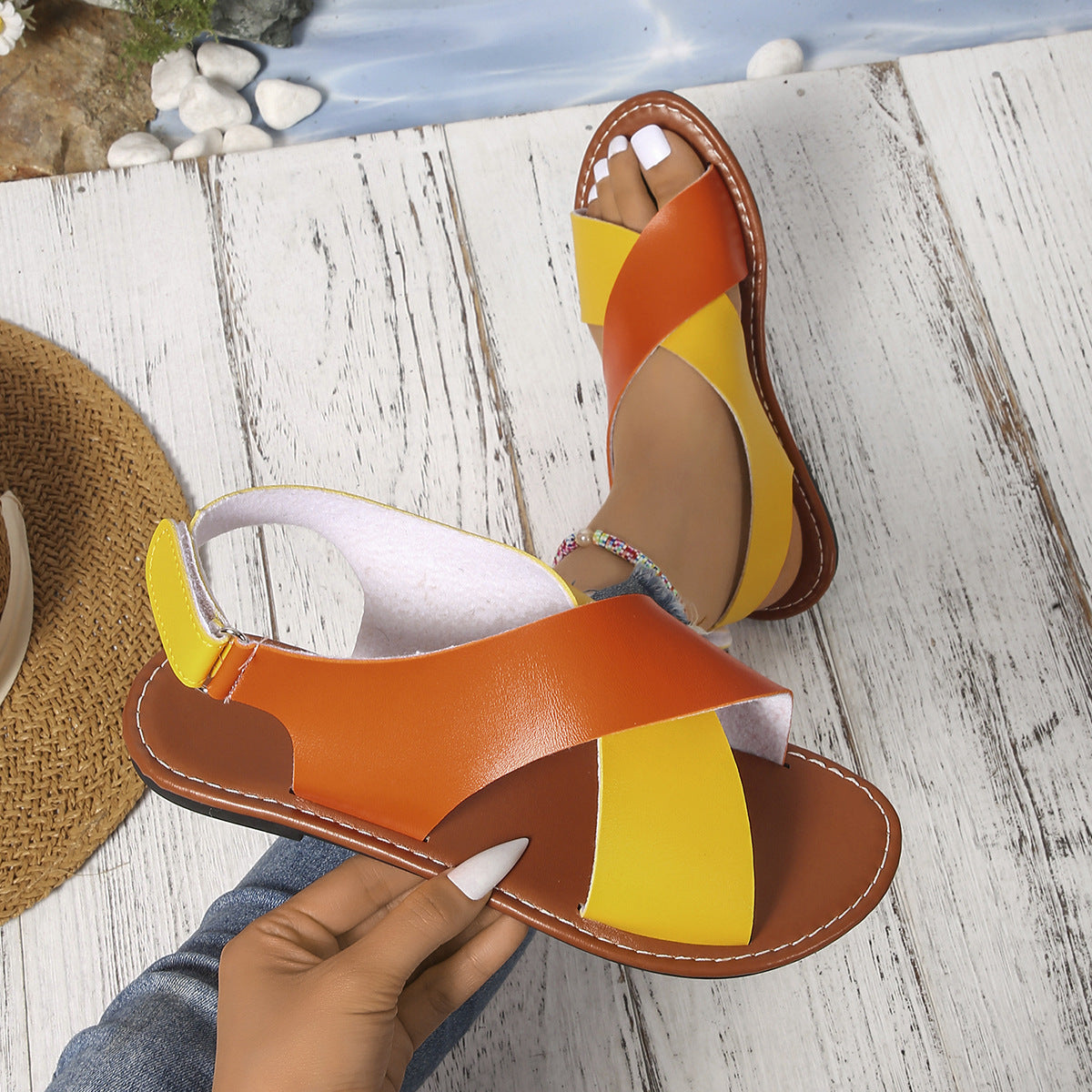 Women's Color-Block Cross-Strap Flat Sandals FitiqueFit