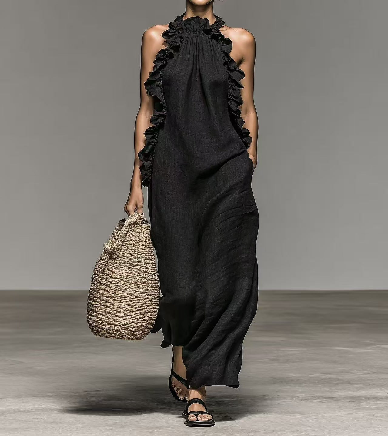 Halter Neck Ruffled Sleeveless Dress – Loose Fit Flowy Dress With Pockets FitiqueFit