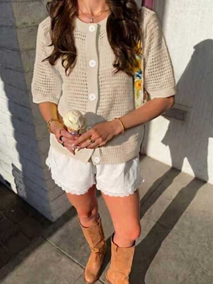 Women's Hollow-Out Knit Cardigan – Open Front, Short Sleeve, Solid Color FitiqueFit