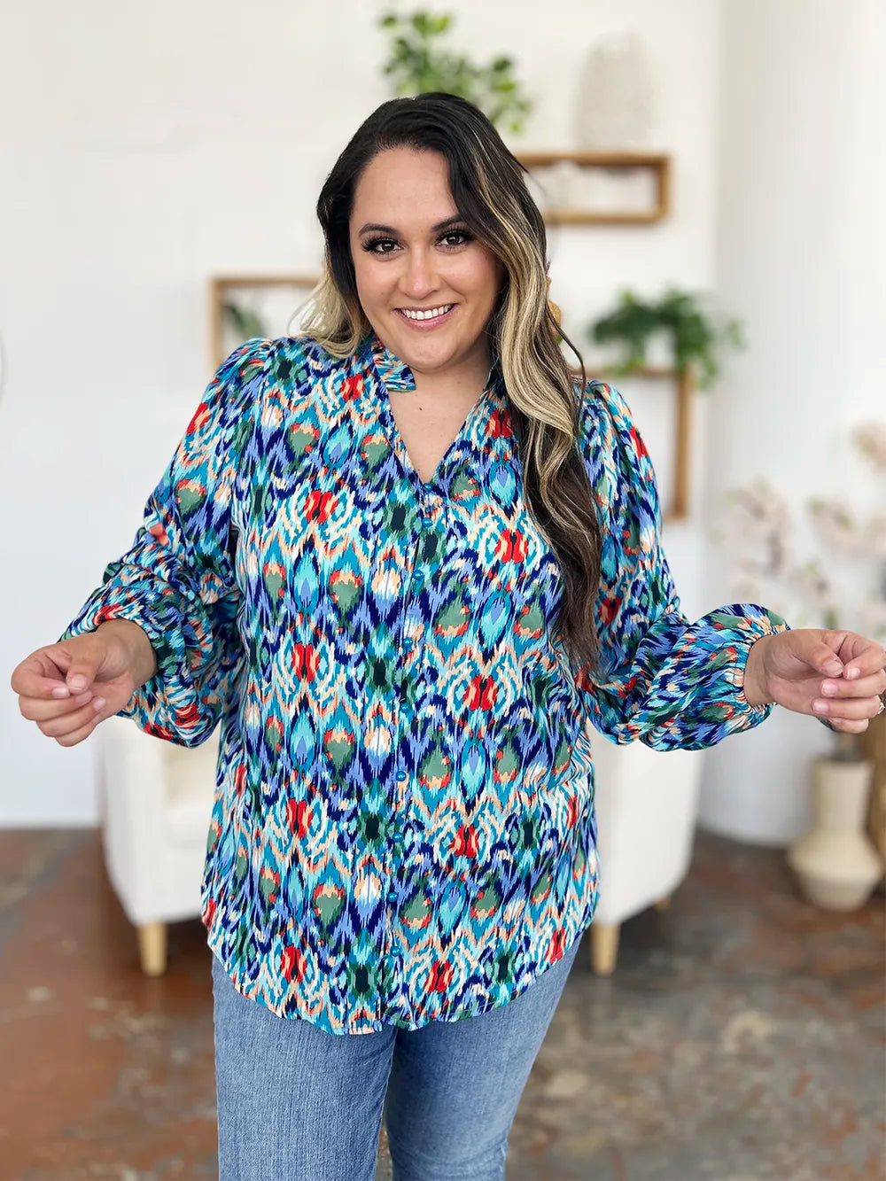 Double Take Full Size Printed Balloon Sleeve Blouse New Era Fashion LLc