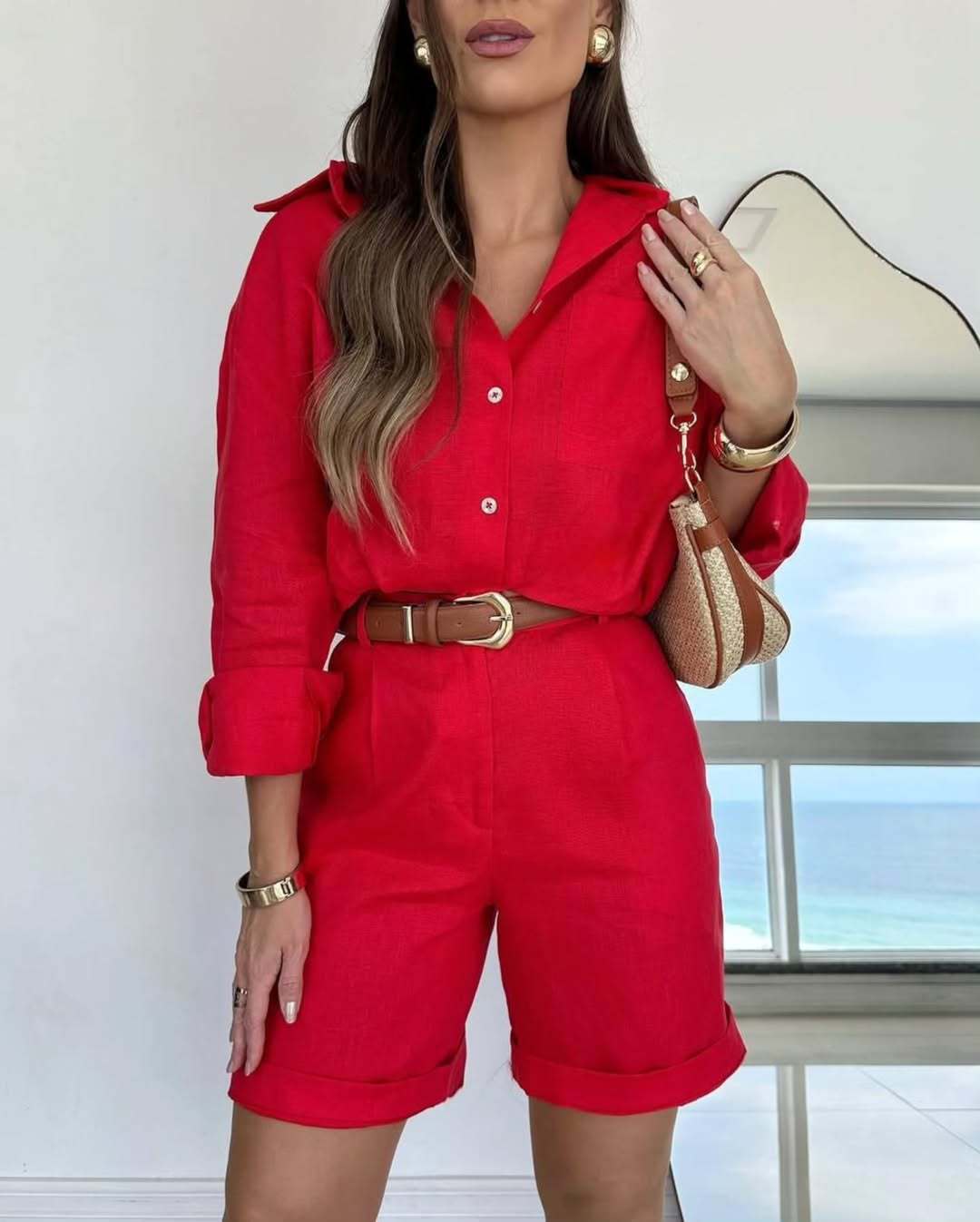 Women's Casual Long-Sleeve Shirt & Shorts Set – Cotton 2-Piece FitiqueFit