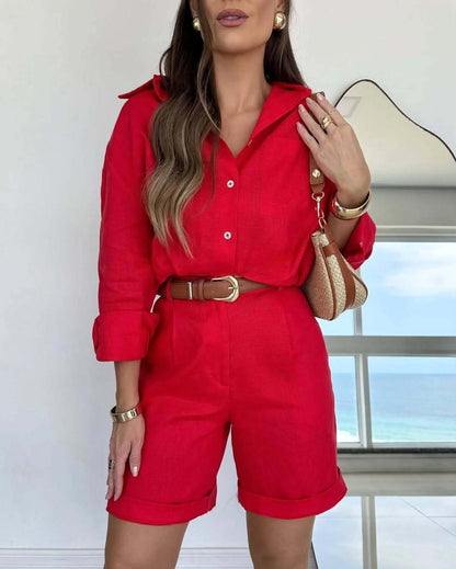 Women's Casual Long-Sleeve Shirt & Shorts Set – Cotton 2-Piece FitiqueFit