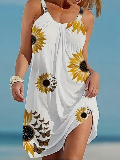 🌻 Plus Size Sunflower Print Sleeveless Wrap Dress FitiqueFit
