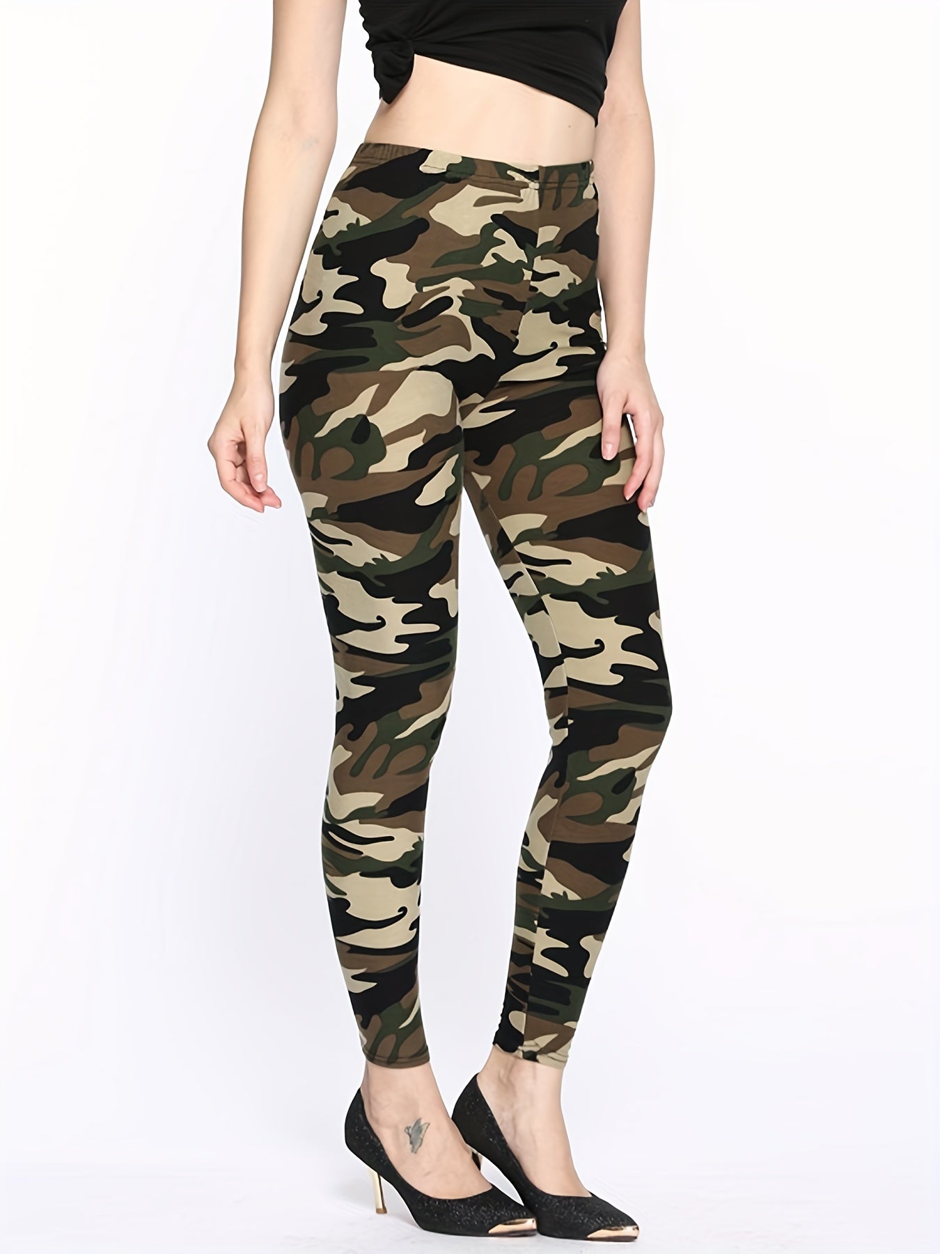 Camouflage Gray-Green Women's Casual Leggings, Cropped Length NovaCart