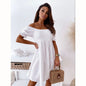 Casual One Word Collar Wrinkle Puff Sleeve Mid Dresses FitiqueFit