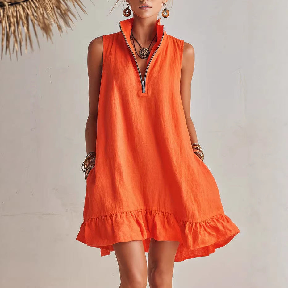 Women's Casual Loose Half-Zip Sleeveless Dress with Ruffle Hem FitiqueFit