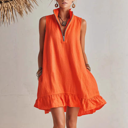 Women's Casual Loose Half-Zip Sleeveless Dress with Ruffle Hem FitiqueFit