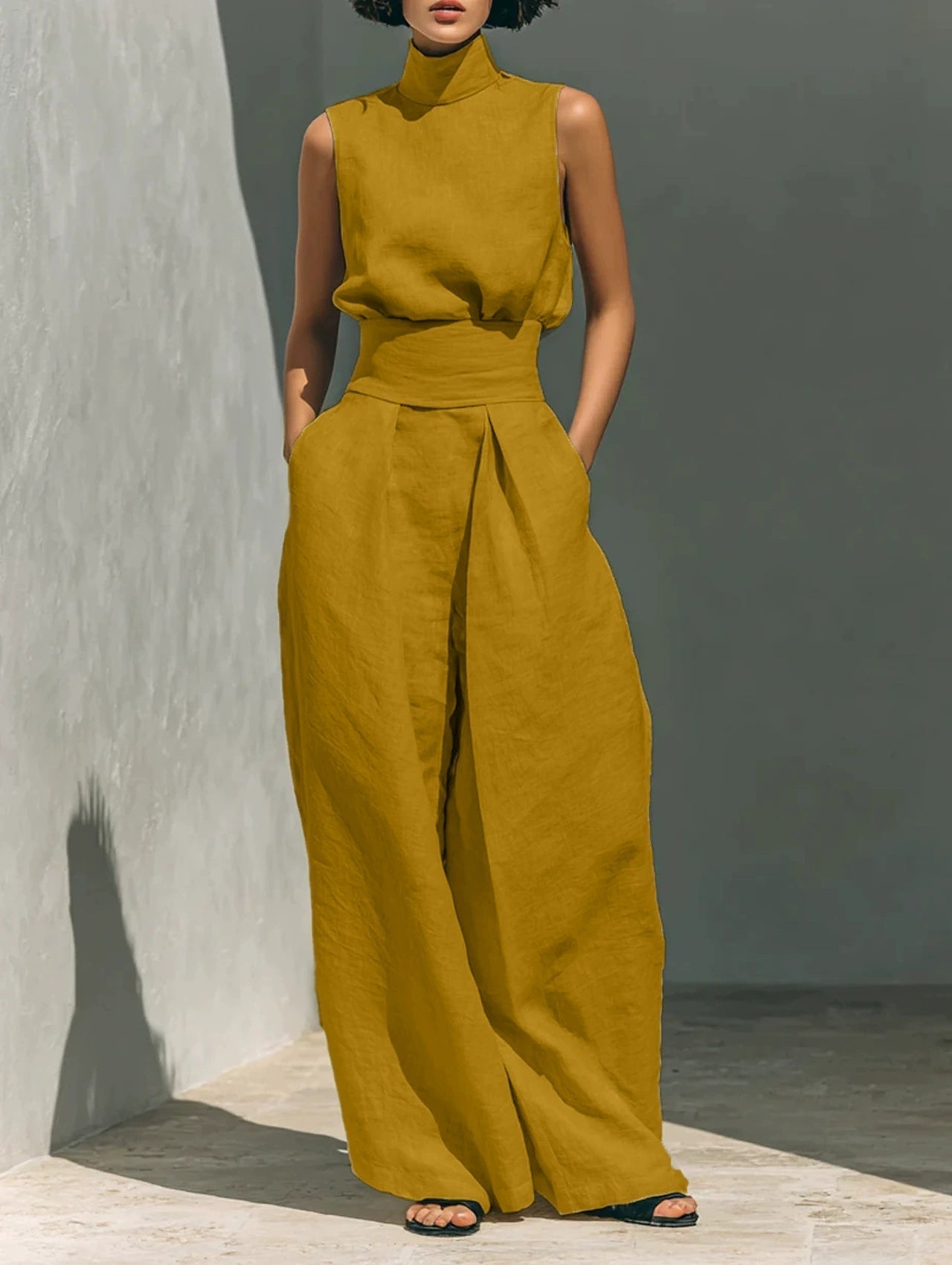 Women’s Cotton Linen Two-Piece Set – Sleeveless Top & Wide-Leg Pants FitiqueFit
