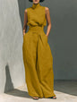 Women’s Cotton Linen Two-Piece Set – Sleeveless Top & Wide-Leg Pants FitiqueFit
