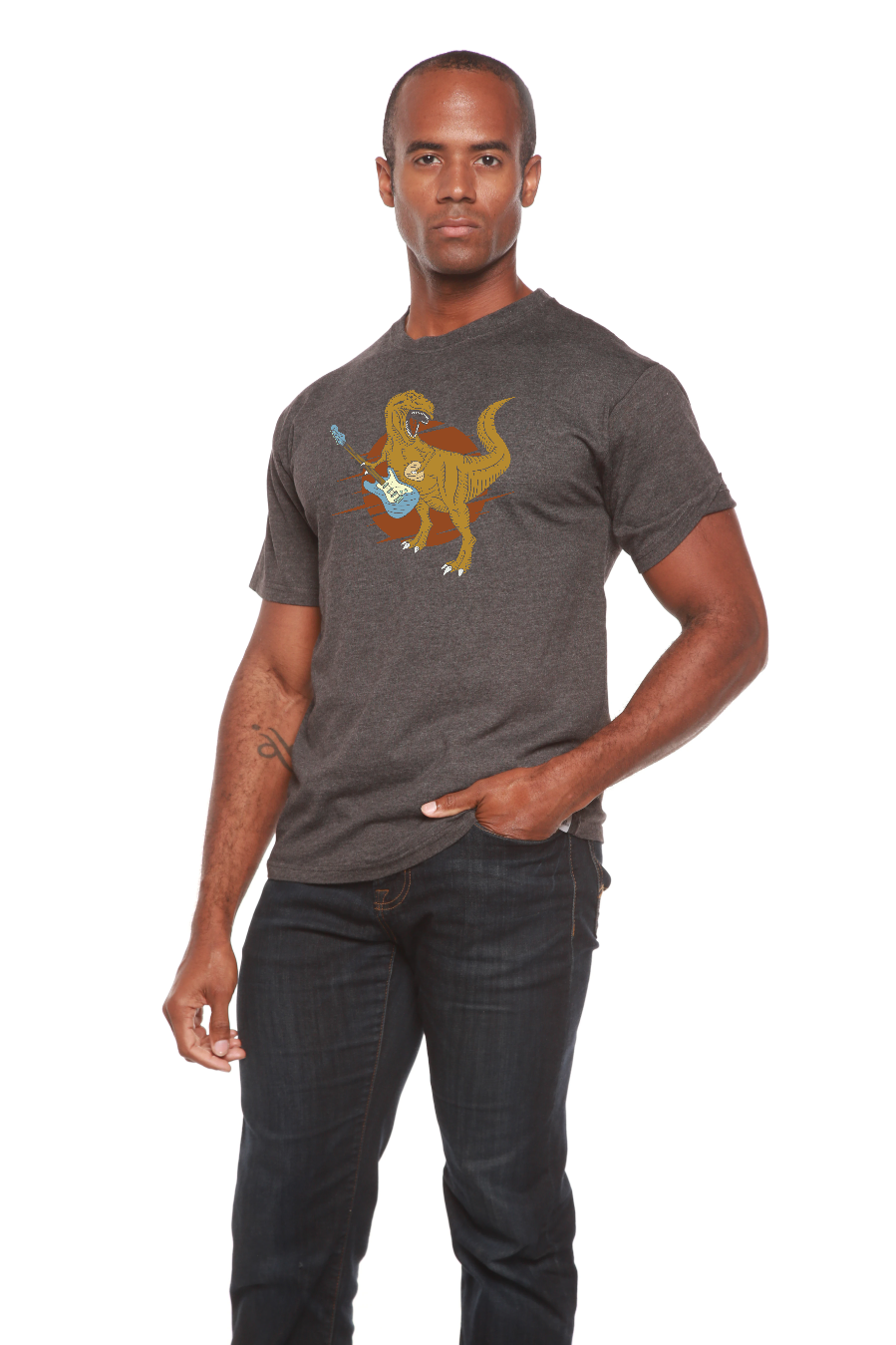 Dinosaur with a guitar Men's Bamboo Viscose/Organic Cotton Short Sleeve Graphic T-Shirt Spun Bamboo