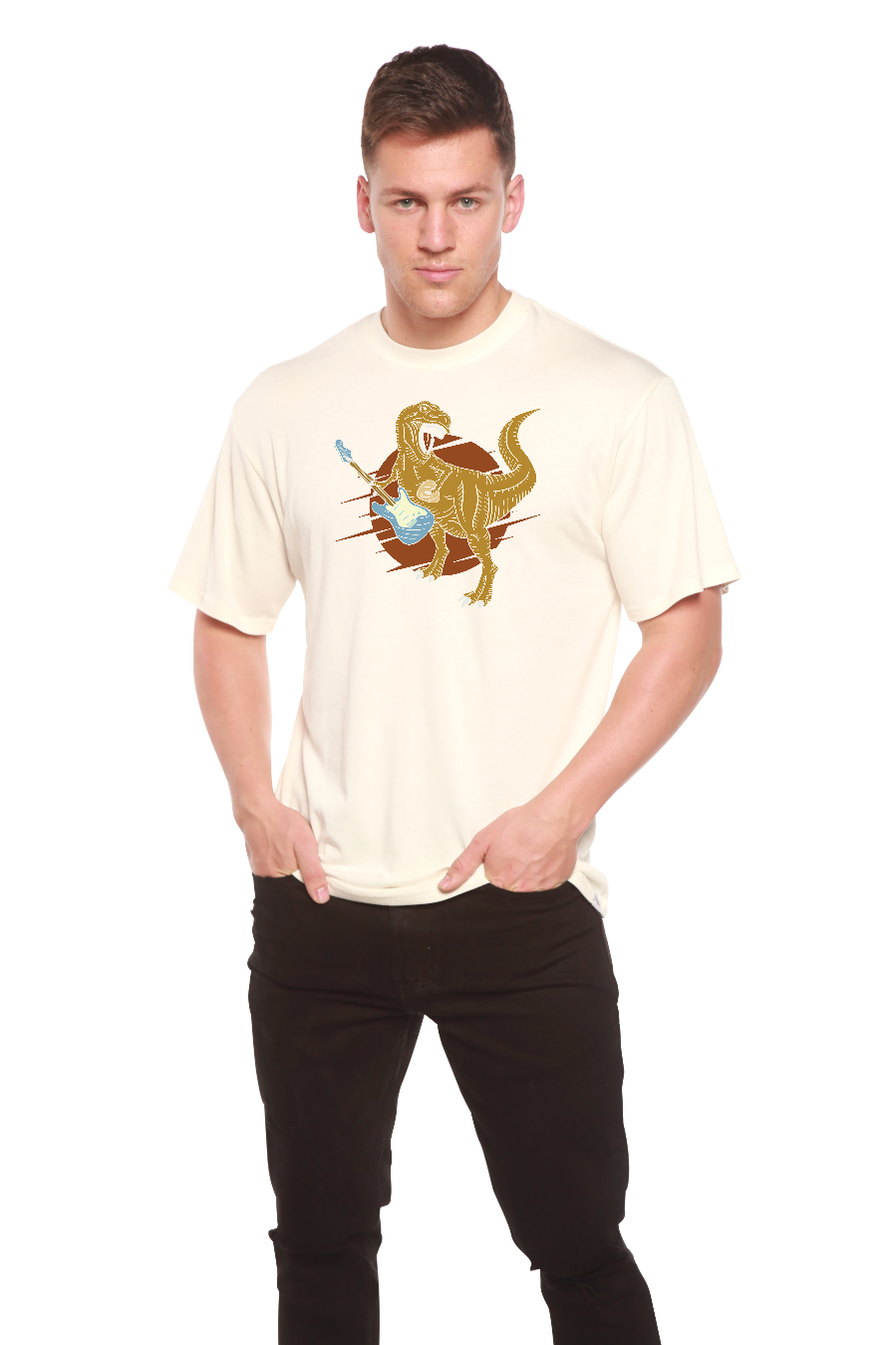 Dinosaur with a guitar Men's Bamboo Viscose/Organic Cotton Short Sleeve Graphic T-Shirt Spun Bamboo