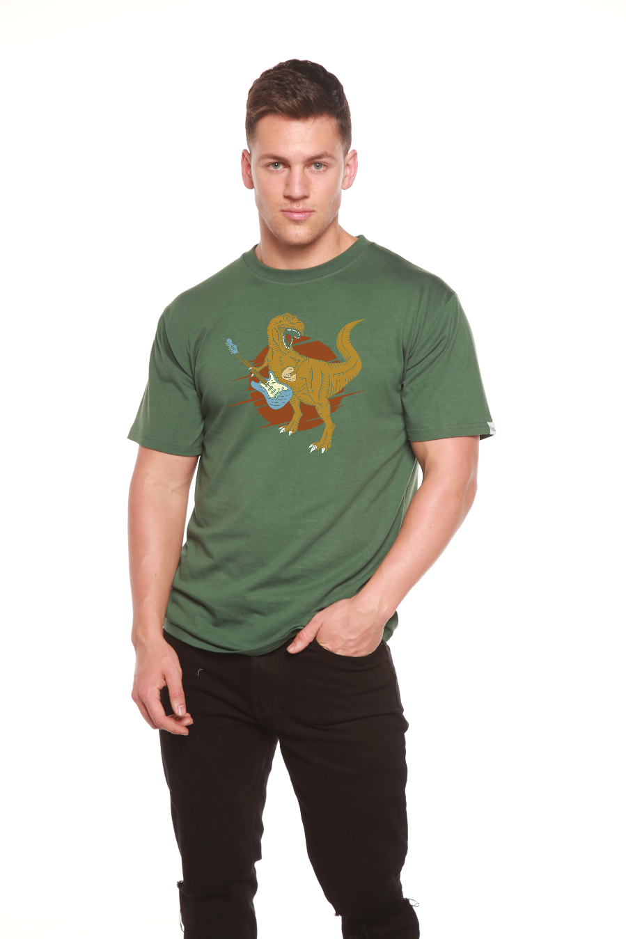 Dinosaur with a guitar Men's Bamboo Viscose/Organic Cotton Short Sleeve Graphic T-Shirt Spun Bamboo