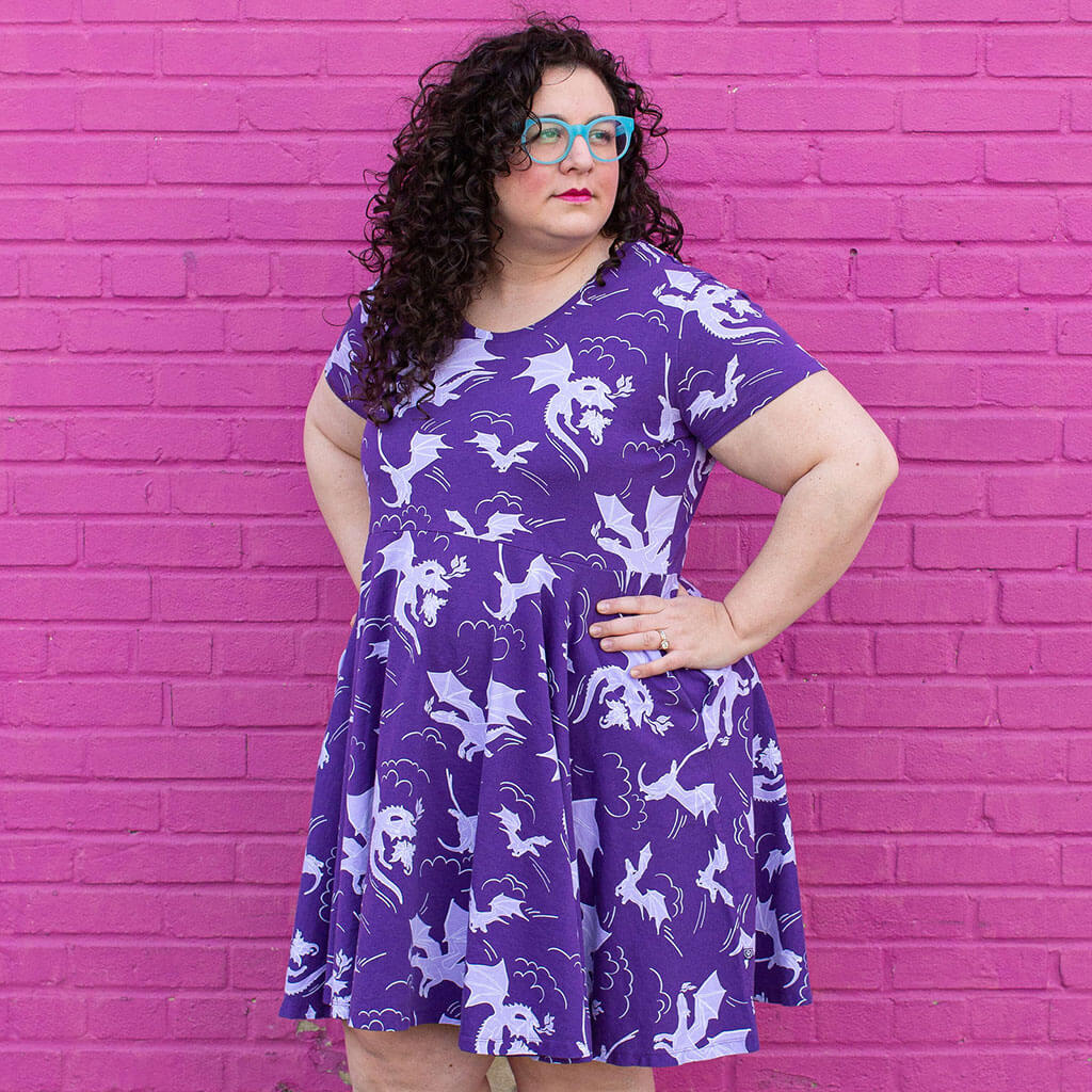 Adult "Purple Reign" Dragons Short Sleeve Super Twirler Dress with Pockets Princess Awesome & Boy Wonder