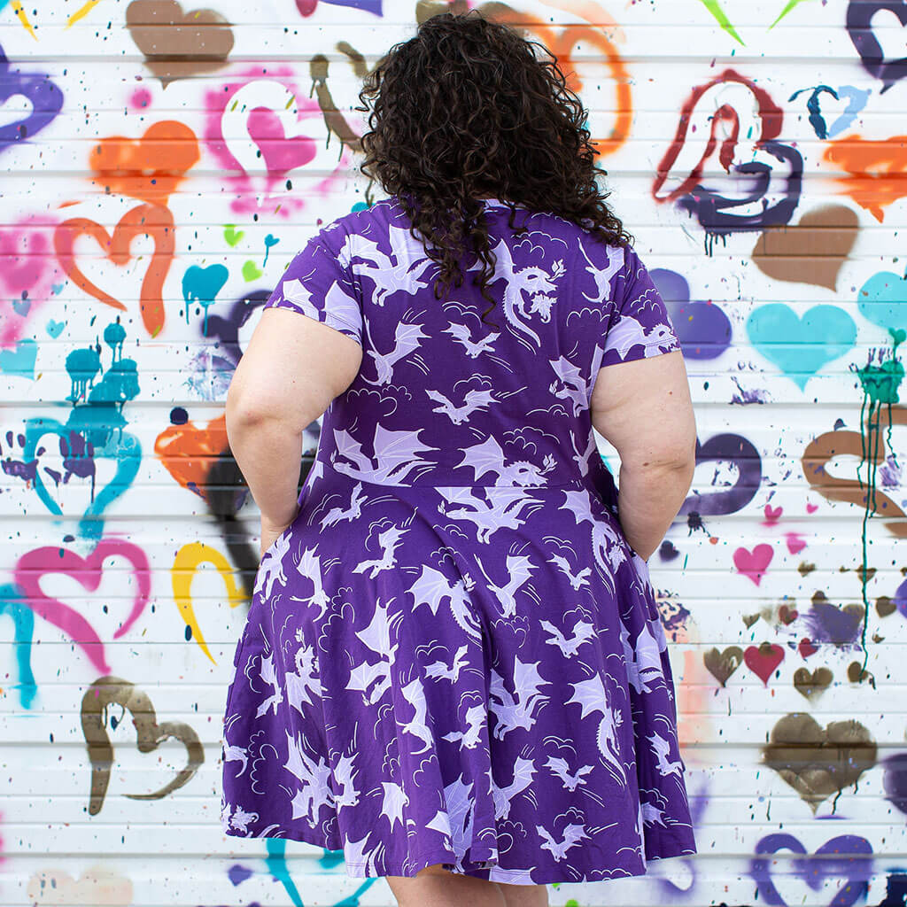 Adult "Purple Reign" Dragons Short Sleeve Super Twirler Dress with Pockets Princess Awesome & Boy Wonder