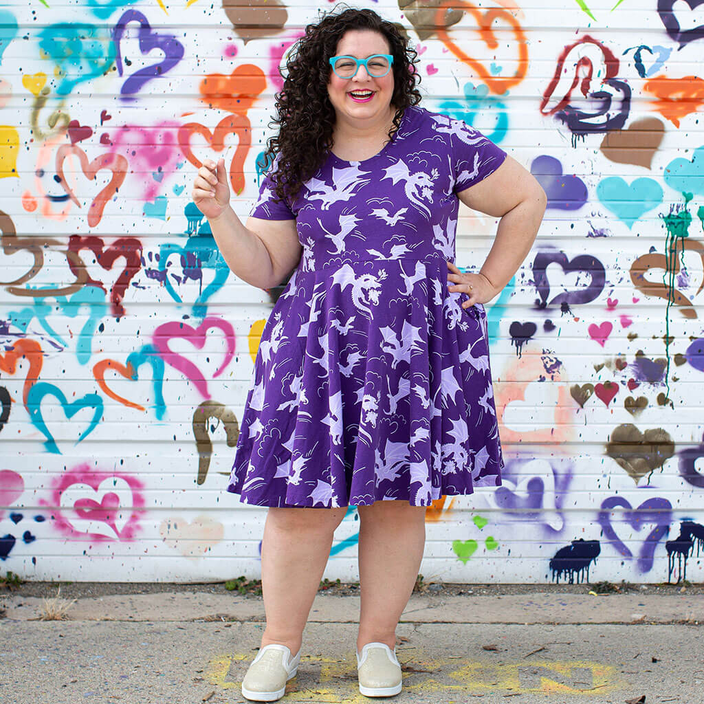 Adult "Purple Reign" Dragons Short Sleeve Super Twirler Dress with Pockets Princess Awesome & Boy Wonder