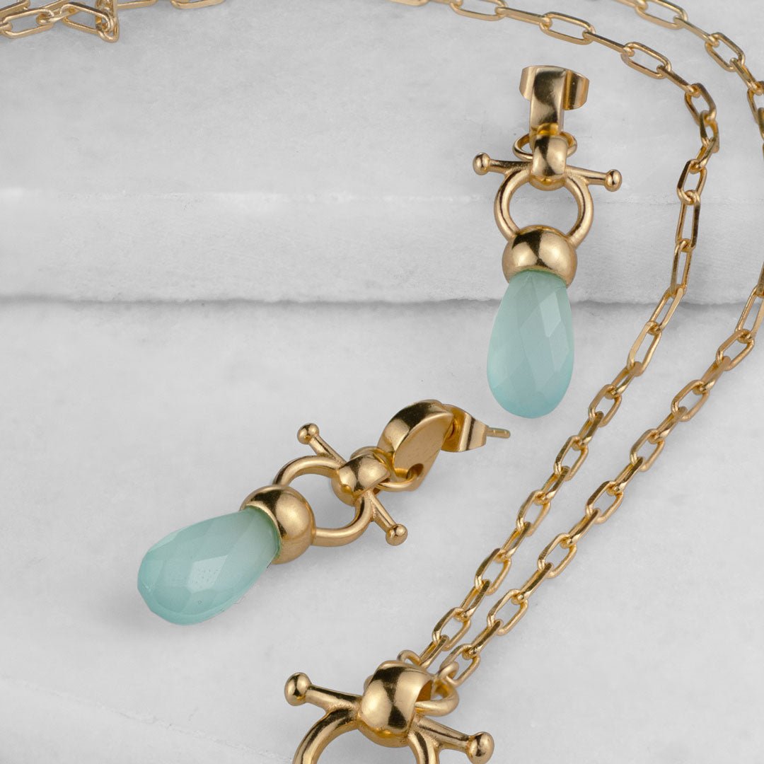 Droplette - Aqua Chalcedony Horse Bit Equestrian Earring in Gold Urban-Equestrian